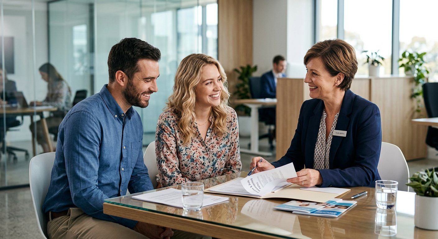 An insurance advisor warmly meeting with clients in her office