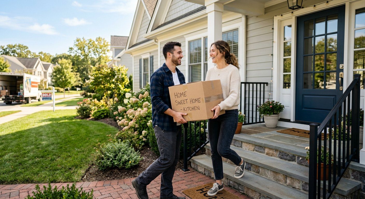 A delighted couple carrying a moving box in front of their new home