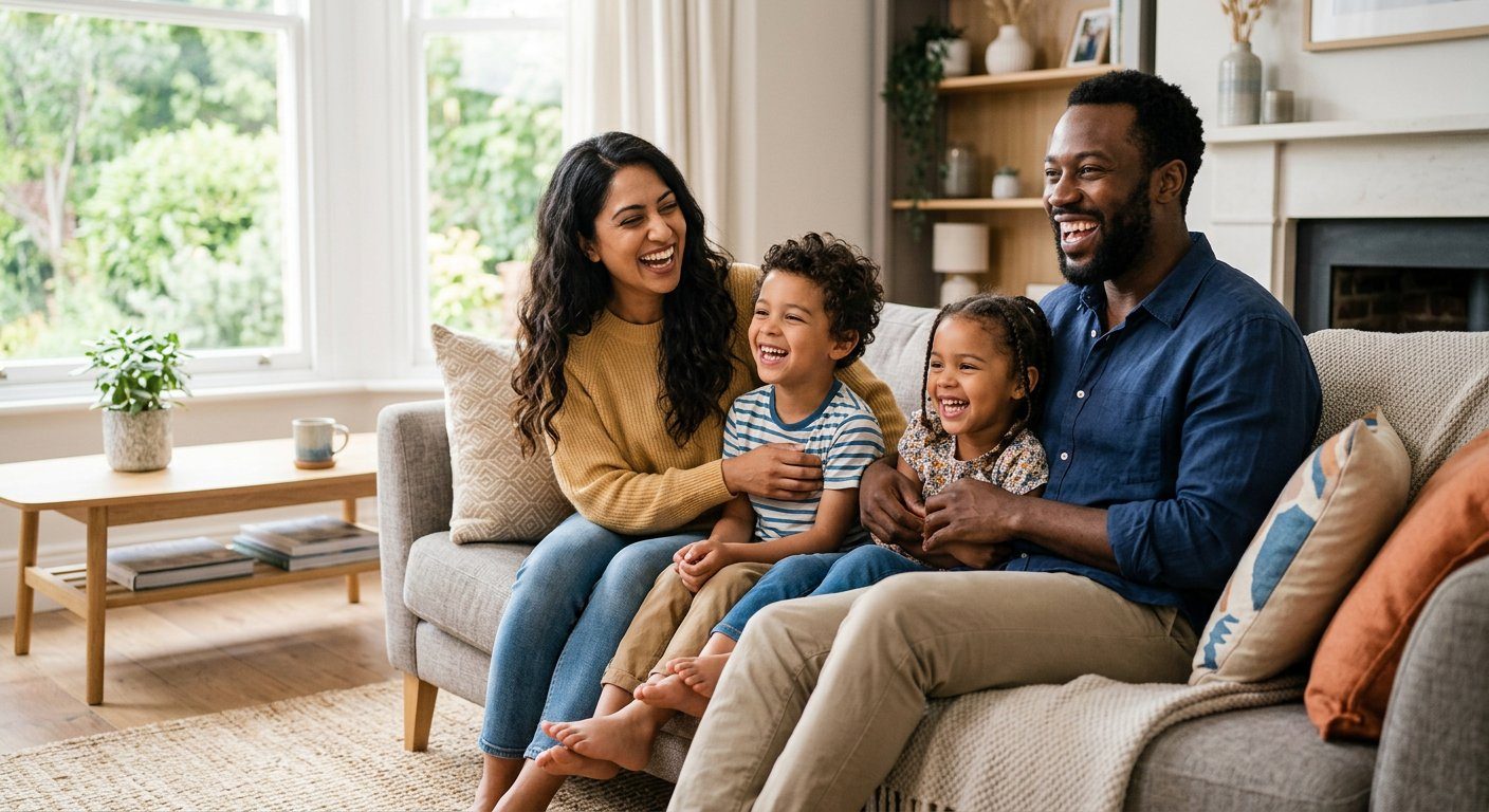 A happy family laughing together on the sofa at home