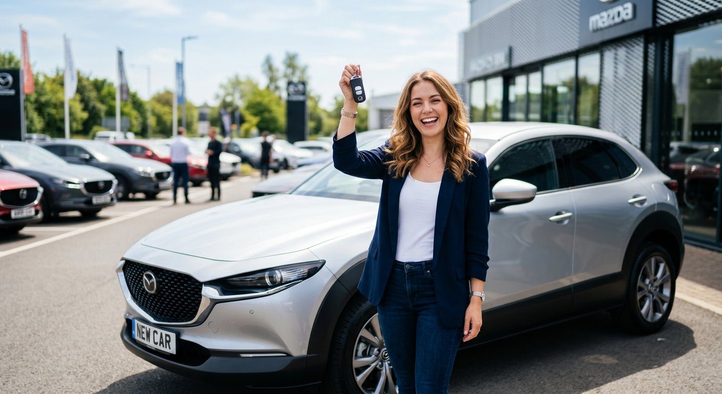 A happy new car owner holding up her keys beside a shiny car