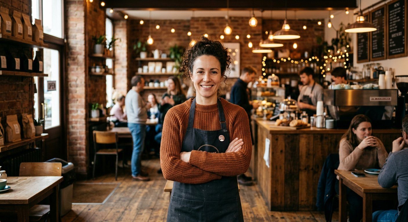 A confident small business owner smiling in her boutique coffee shop