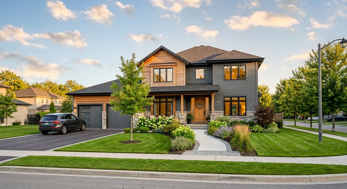 A beautiful suburban family home with a tidy front lawn in warm light