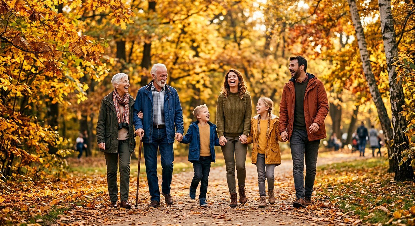 A happy multigenerational family walking together in a sunny park
