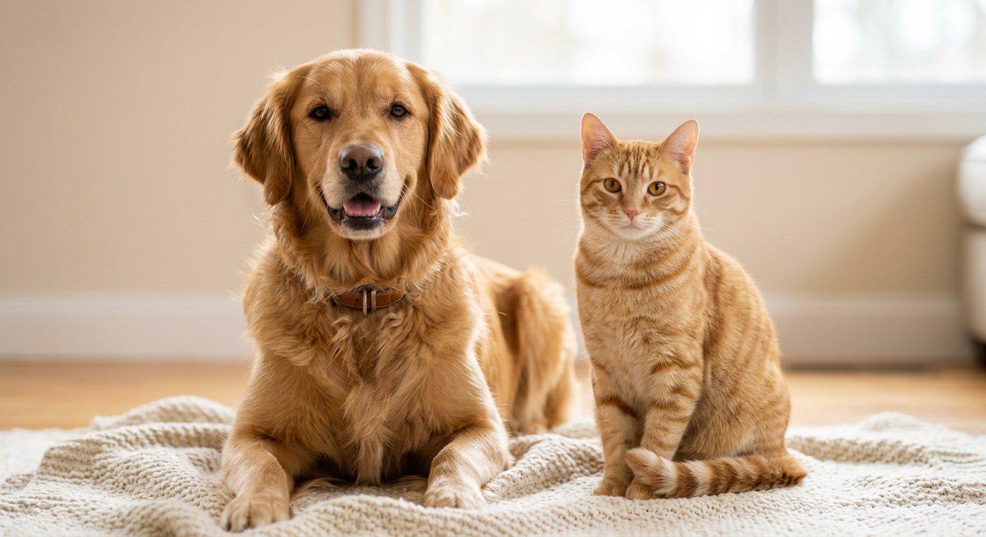 A golden retriever and a ginger cat sitting side by side