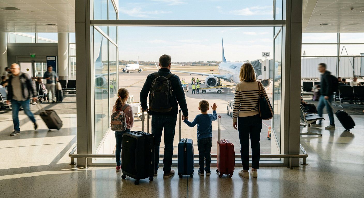 A family with luggage watching an airplane through an airport window